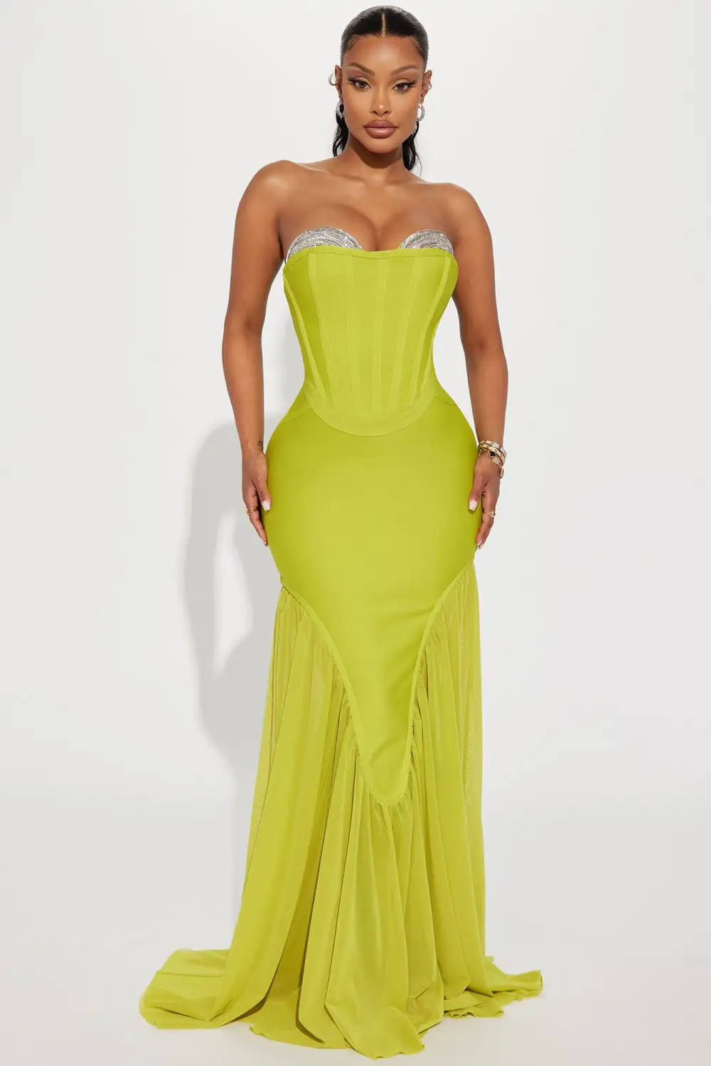 Gloria Bandage Embellished Gown - Chartreuse