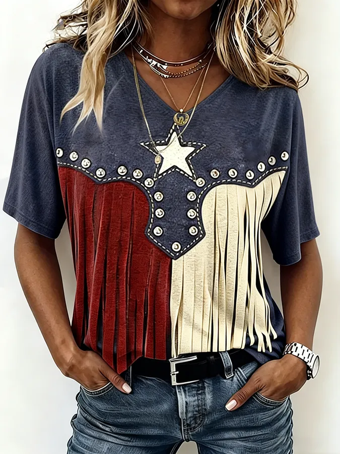 Women'S Casual Fig Fringe Printed V-Neck T-Shirt