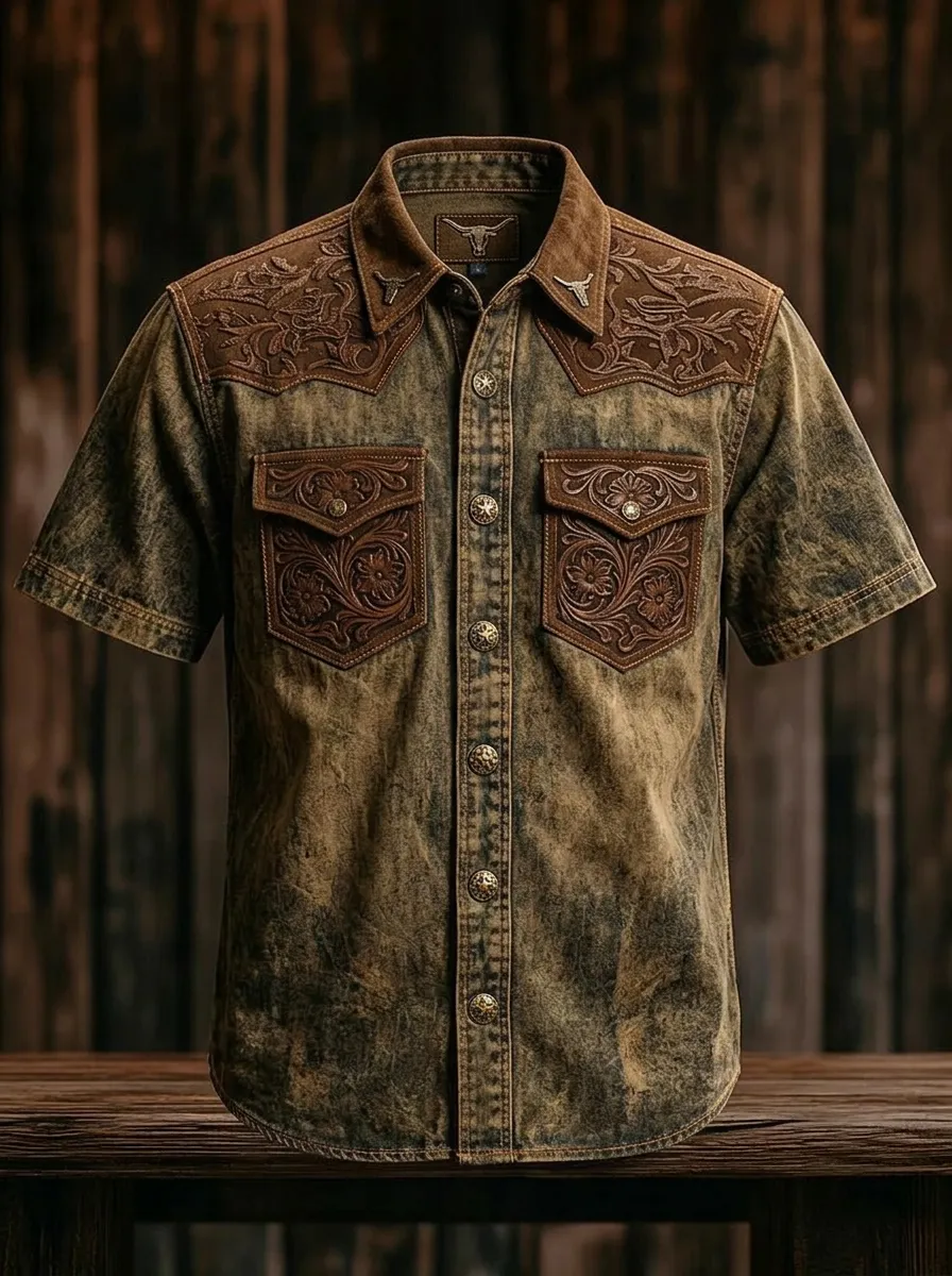 Men's Western Cowboy Floral Tooled Leather Printed Shirt-3