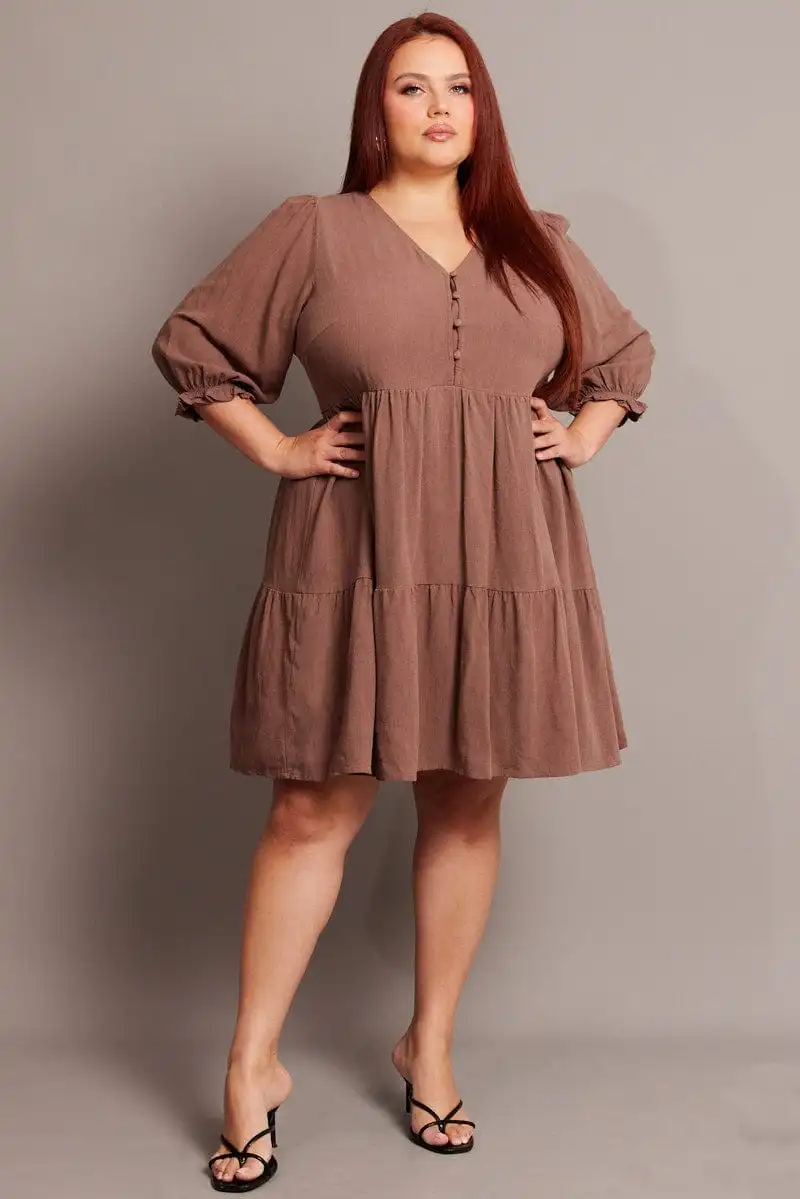 Brown V Neck Button Through Linen Blend Minidress