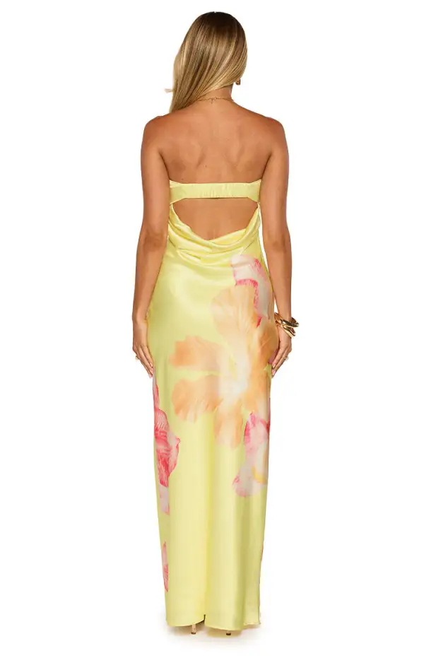 Satin Strapless Floral Maxi Dress
