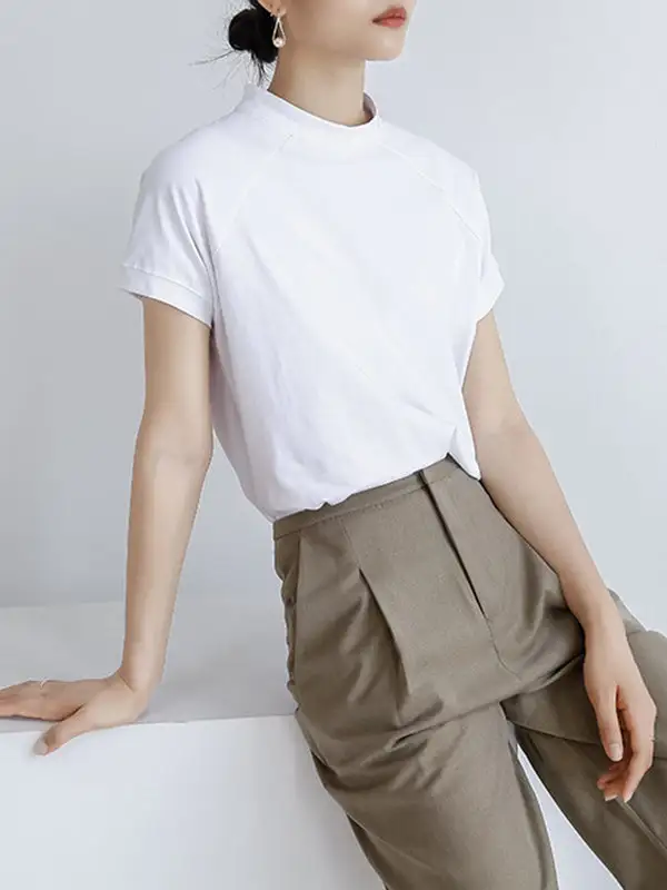 Casual Short Sleeve Relaxed Stand Collar T-Shirt