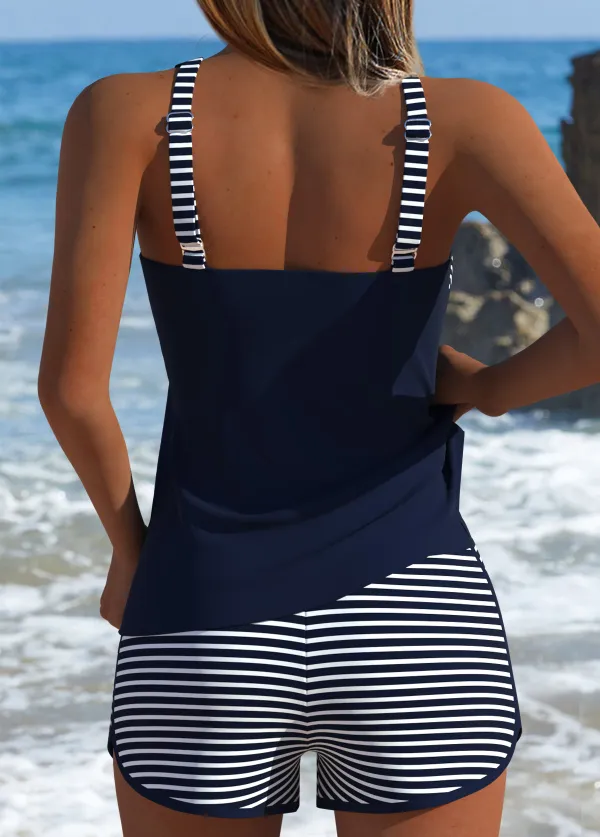 Tummy Coverage Mid Waisted Striped Navy Tankini Set