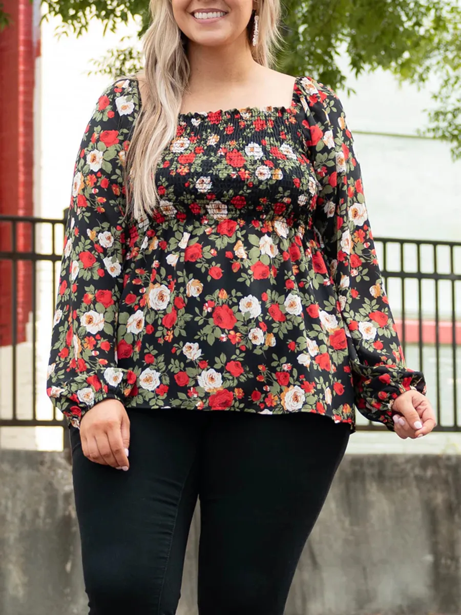 Flower Pattern Pleated Square Neck Lantern Sleeve Shirt