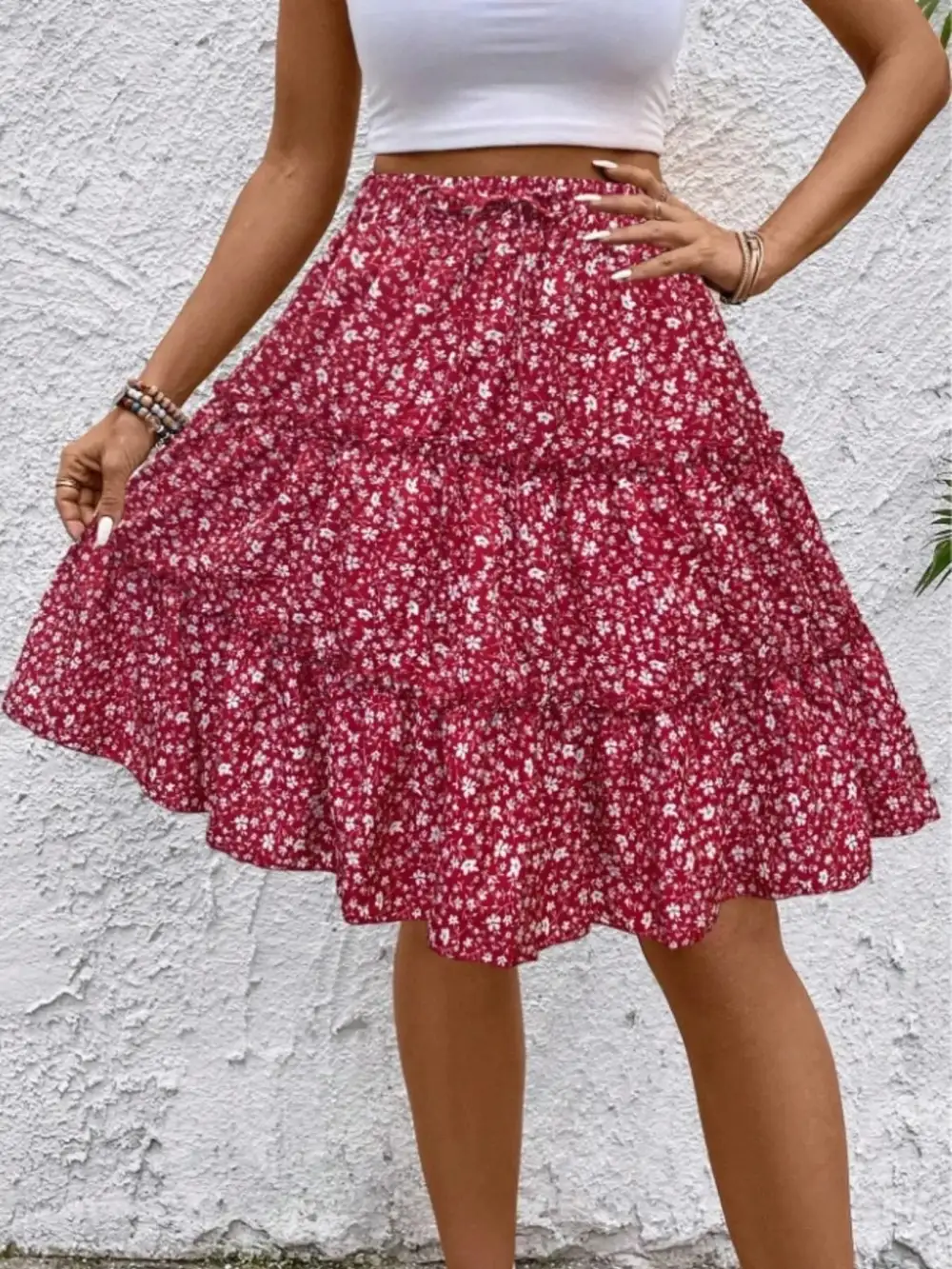 Textured Ruffle Trim Printed Silhouette Skirt