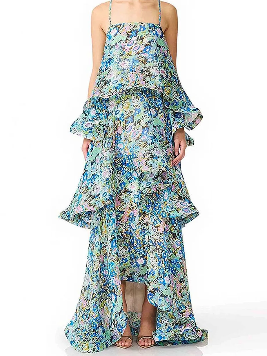 Vibrant Floral Print Tiered Maxi Dress