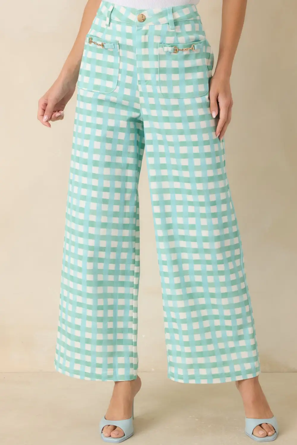Aqua Mint Gingham Cotton Wide Leg Pants