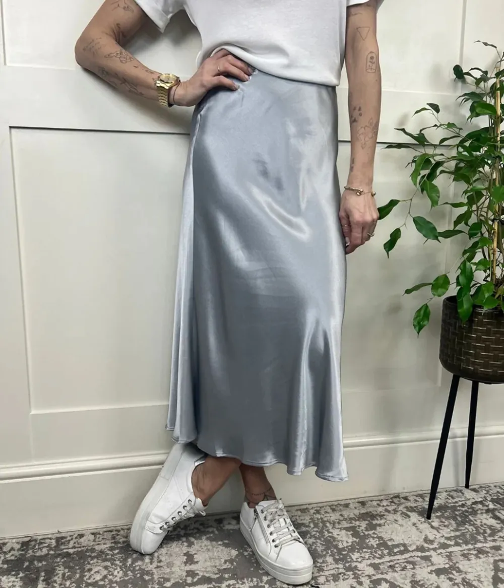 Silver Satin Midi Slip Skirt