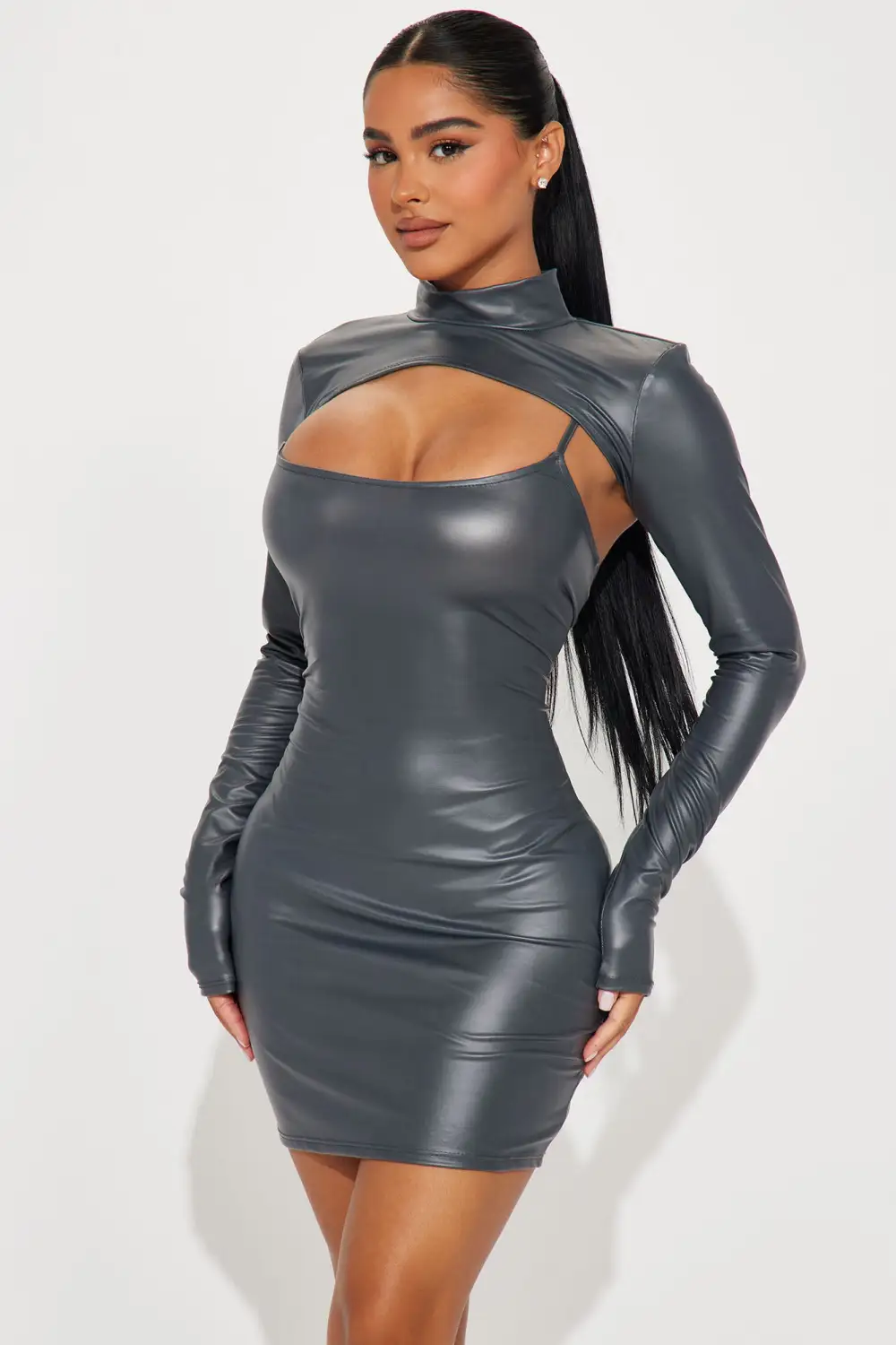 Leah Faux Leather Mini Dress Set - Gunmetal