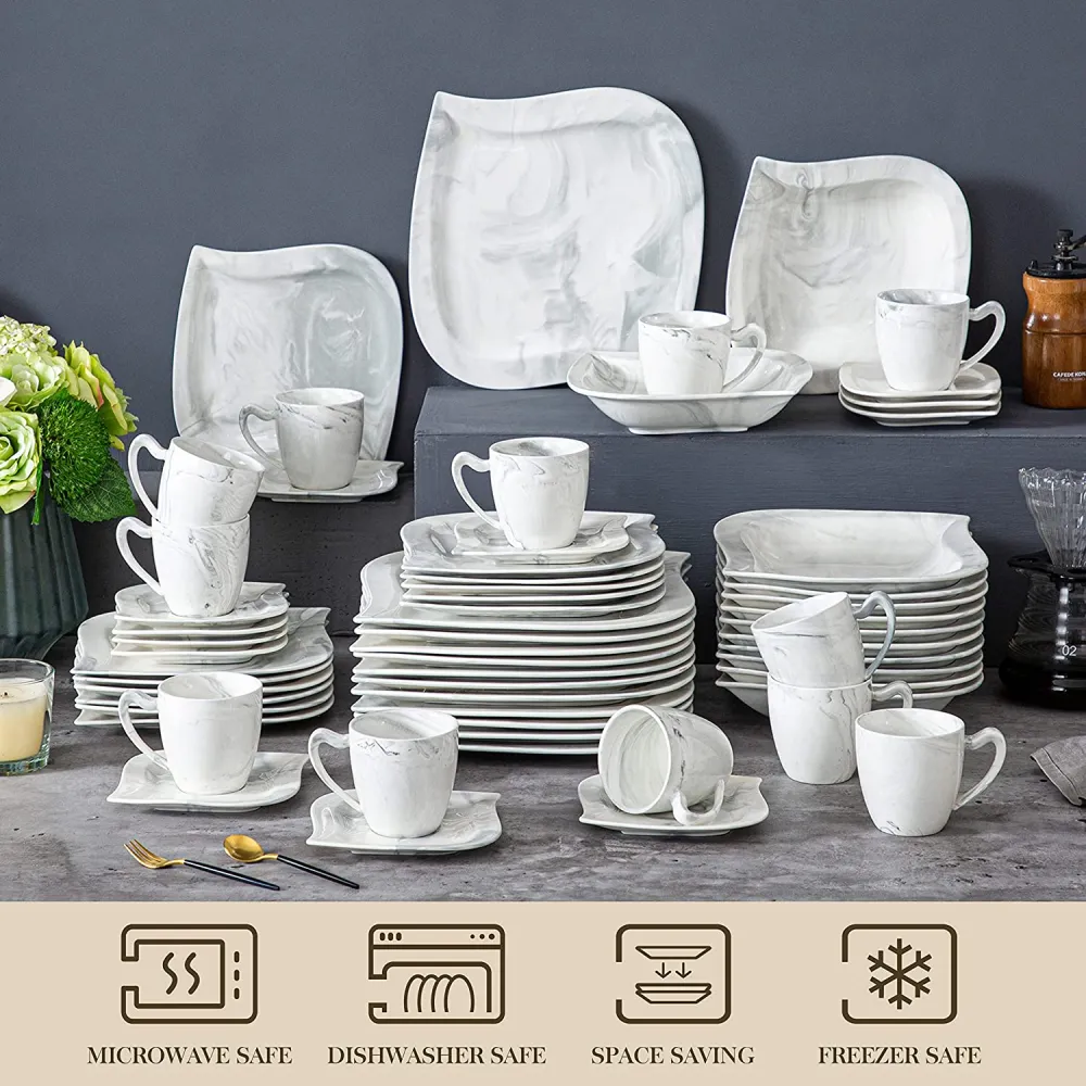 MALACASA Dish Set for 12, 60 Piece Marble Grey Square Dinnerware Sets, Porcelain Dinner Set with Plates and Bowls Sets, Cups and Saucers, Dishware Sets Kitchen Dishes Microwave Safe, Series Blance