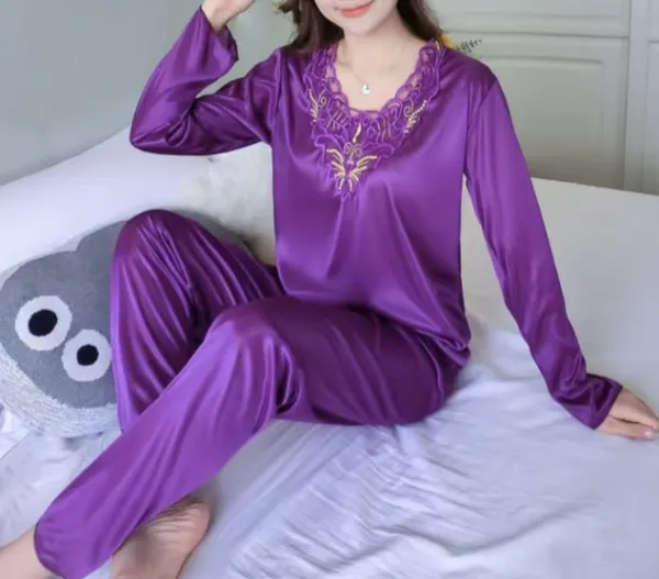 Plain Lace Long Sleeve Top With Pants Casual Pajama Set