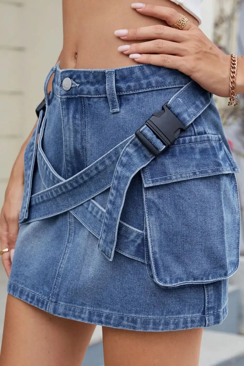 Criss Waist Detail Denim Skirt