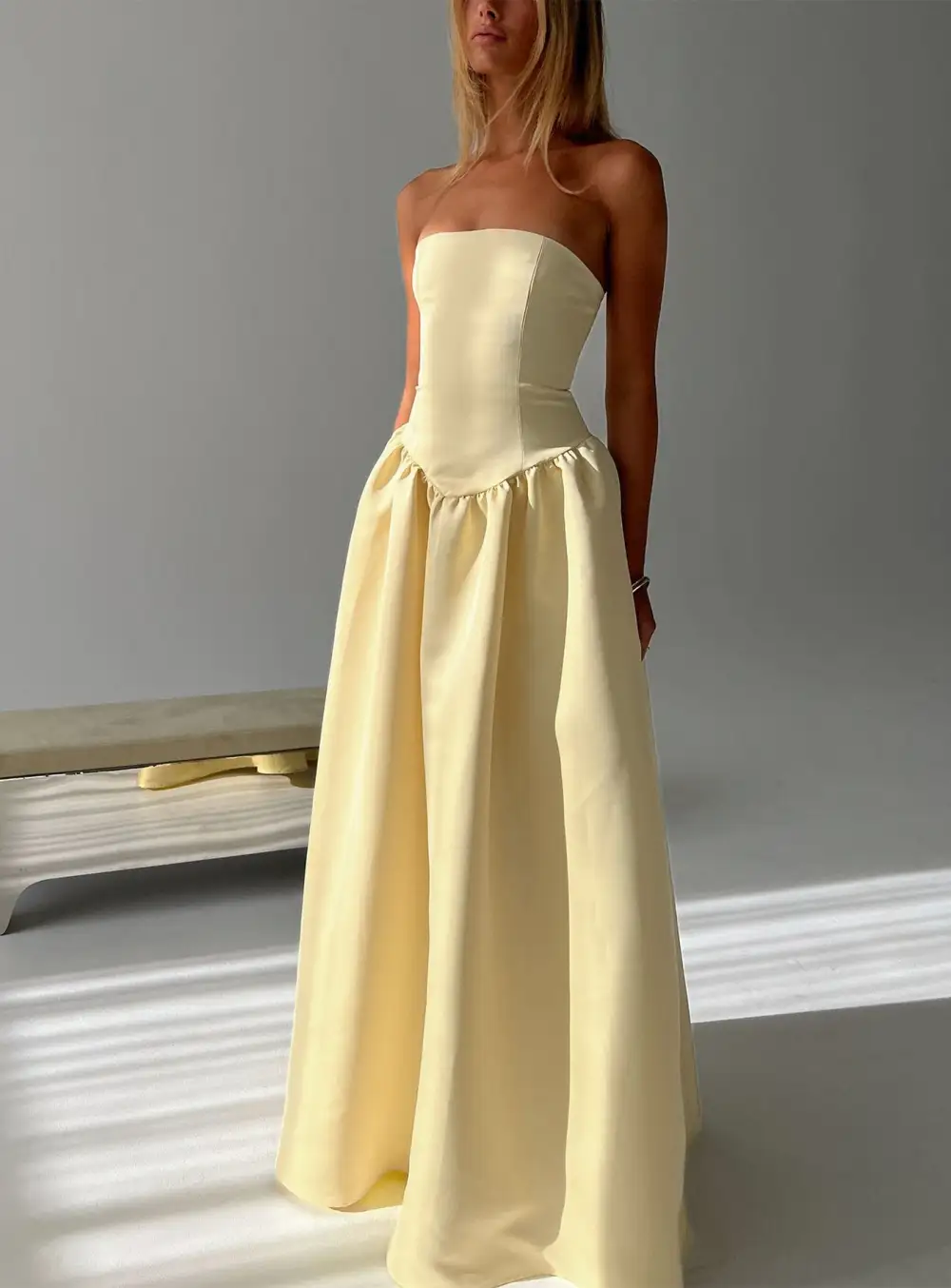 Pleated Detail Strapless Maxi Dress