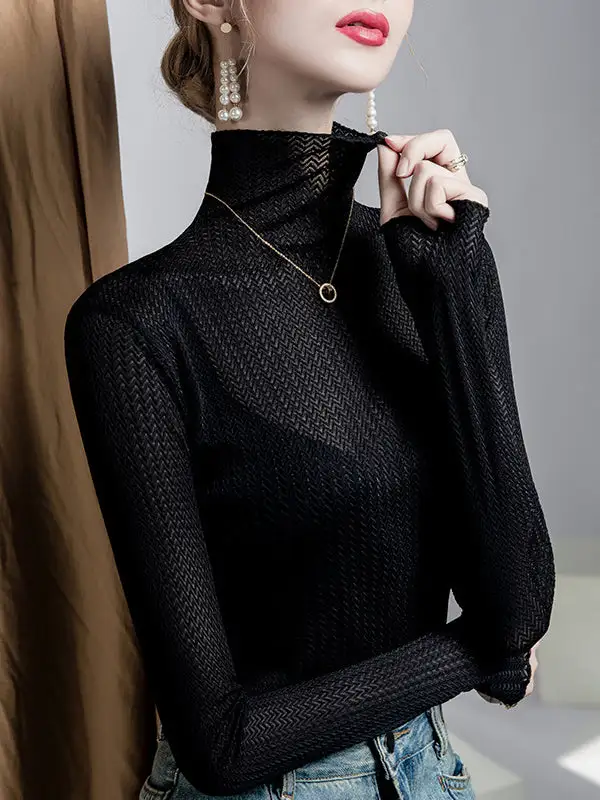 Long Sleeve Curve Fit Mesh Sheer Slightly Sheer Panel Detail High Neck T-Shirt