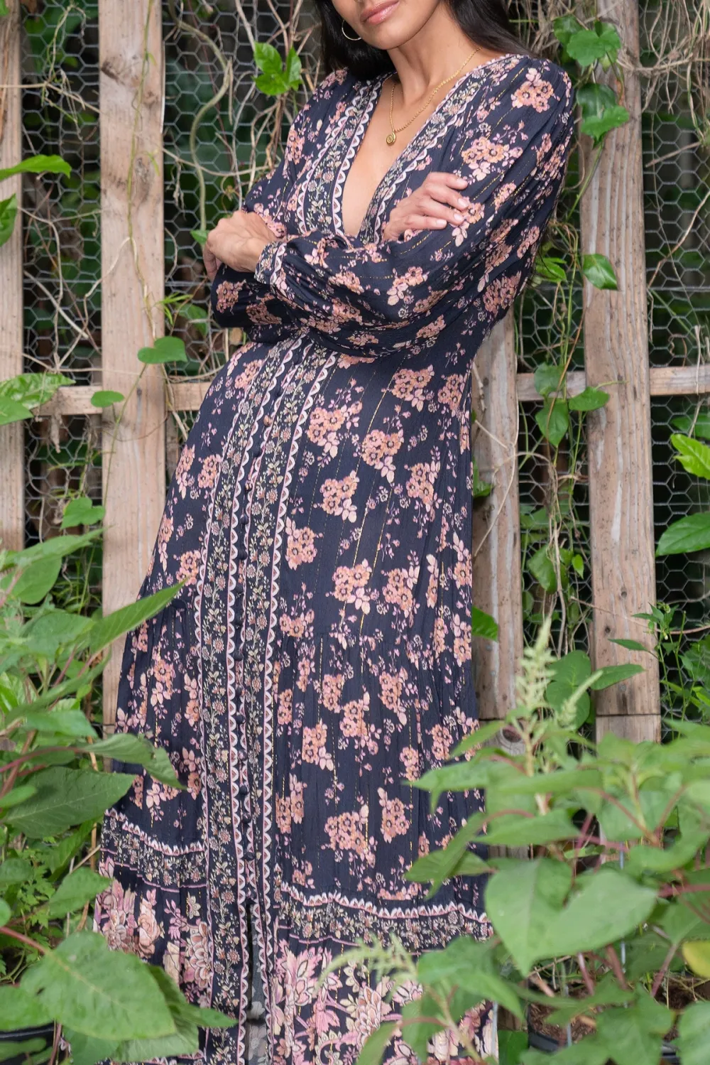 Navy And Pink Floral Print Long Sleeve Maxi Dress