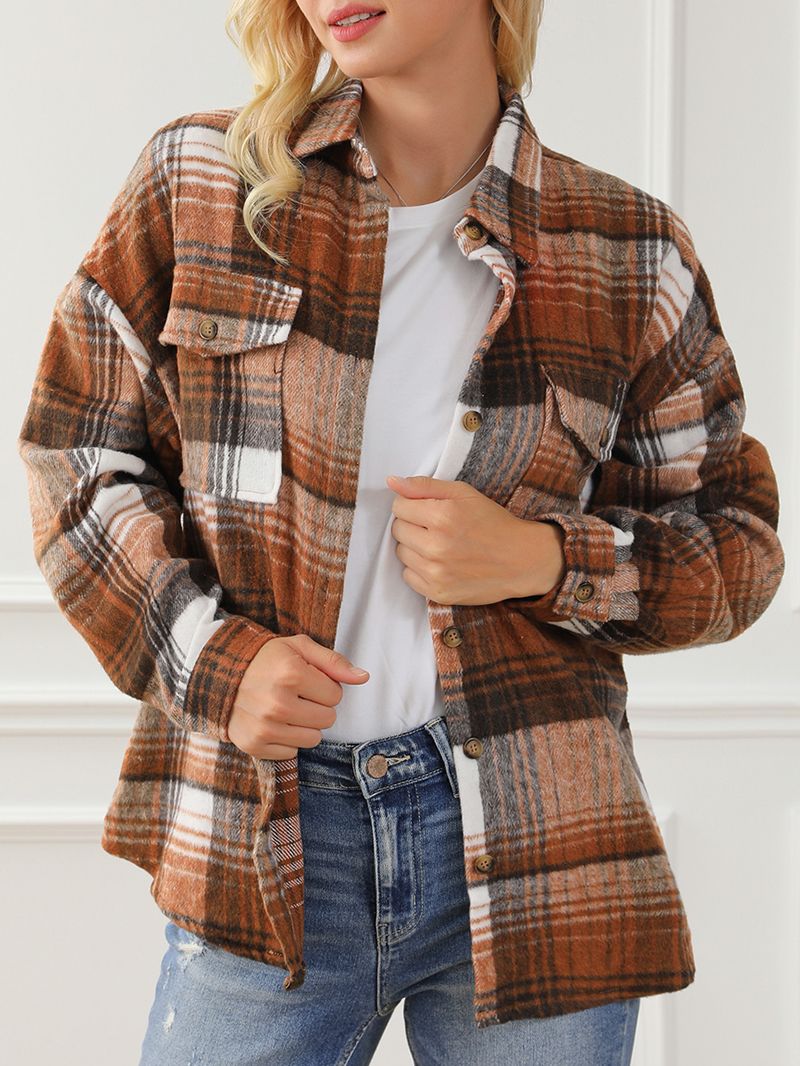 Brown Plaid Flap Pockets Shacket