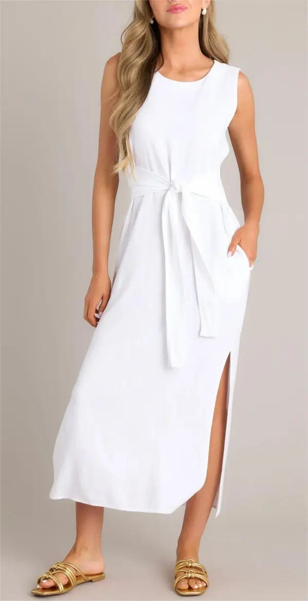 WHITE WAIST TIE MAXI DRESS