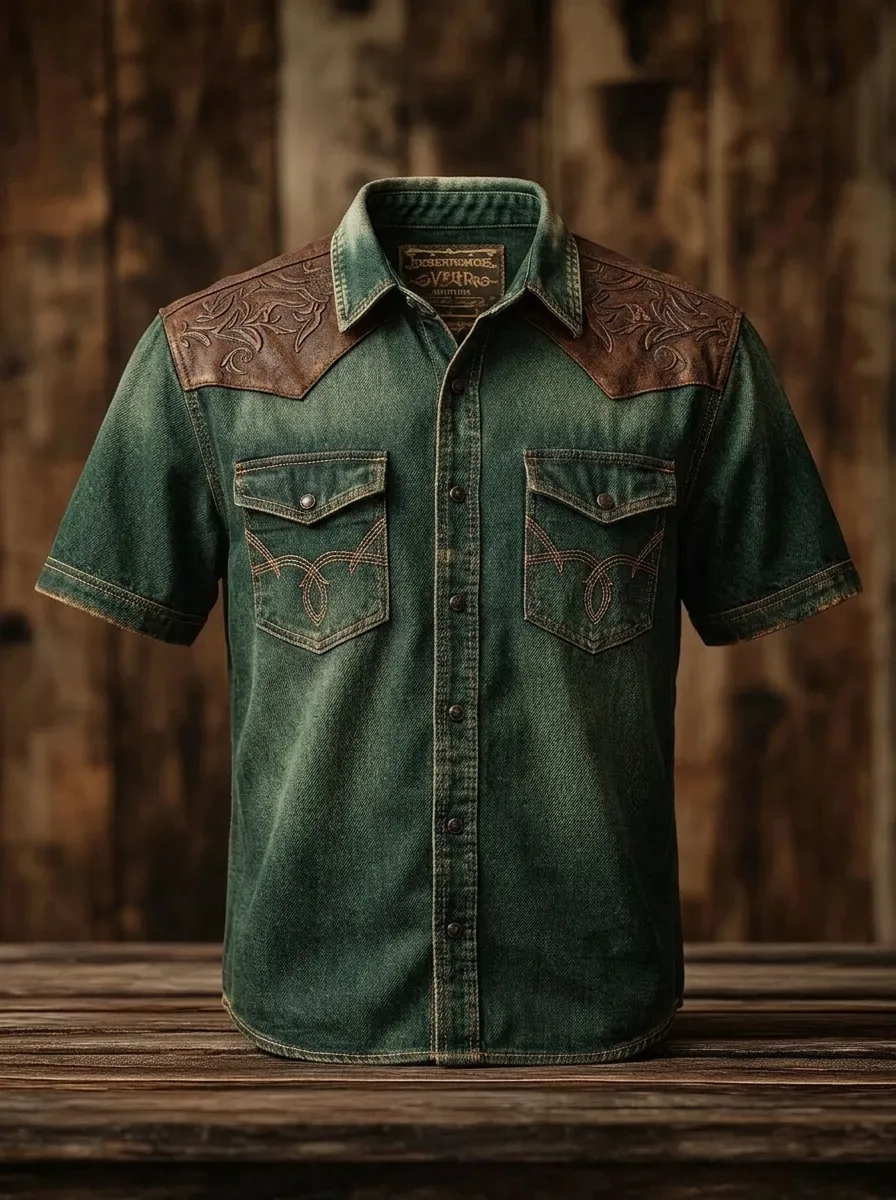 Men's Western Cowboy Floral Leather Yoke Printed Shirt