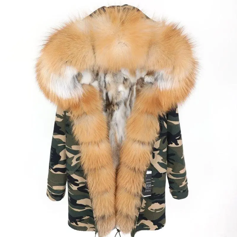 Brand Women's Parka Rabbit Fur Lining Hooded Long Coat Parkas Outwear Army Green Large Raccoon Fur Collar