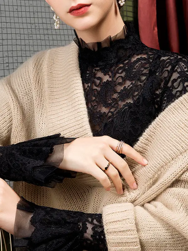 Flared Sleeve Long Sleeve Sheer Panel Detail Mock Neck T-Shirt