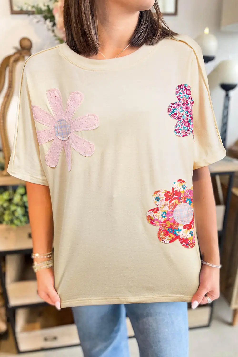 Soft Flower Patched Exposed Stitching Tee
