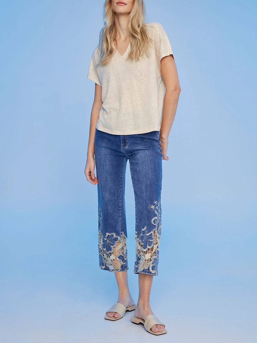 Linen Blend Soft V-Neck Short Sleeves