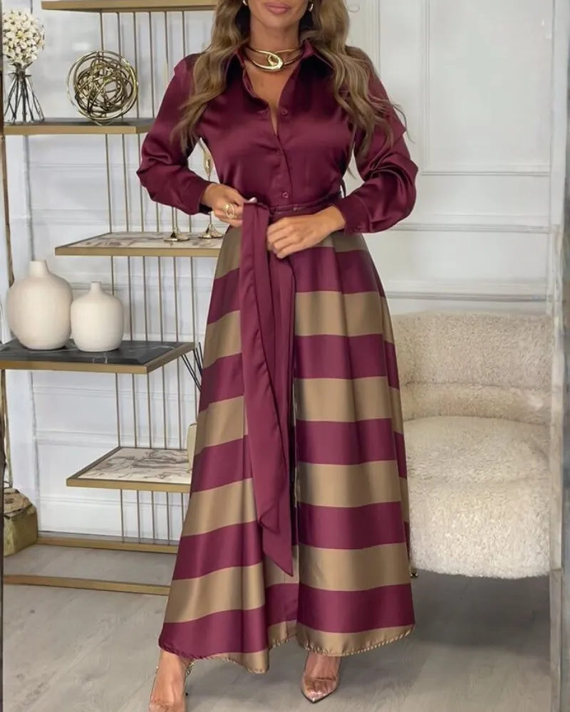 Collared Striped Satin Maxi Dress