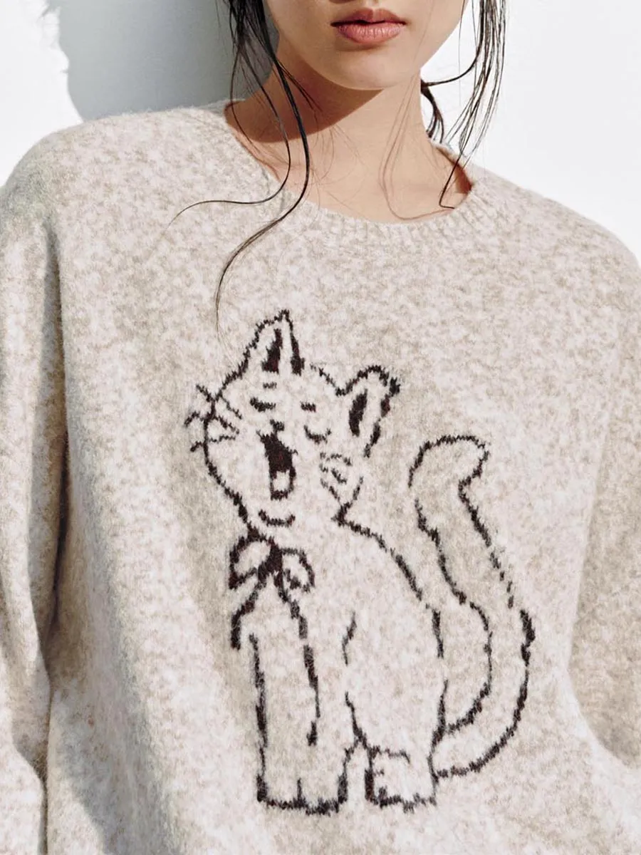 Lady's Cartoon Cat Embroidered Round-Neck Sweater