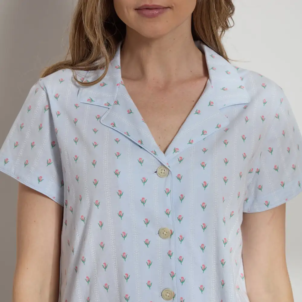 Printed Organic Pima Cotton Short PJ Set Blue Bud Stripe
