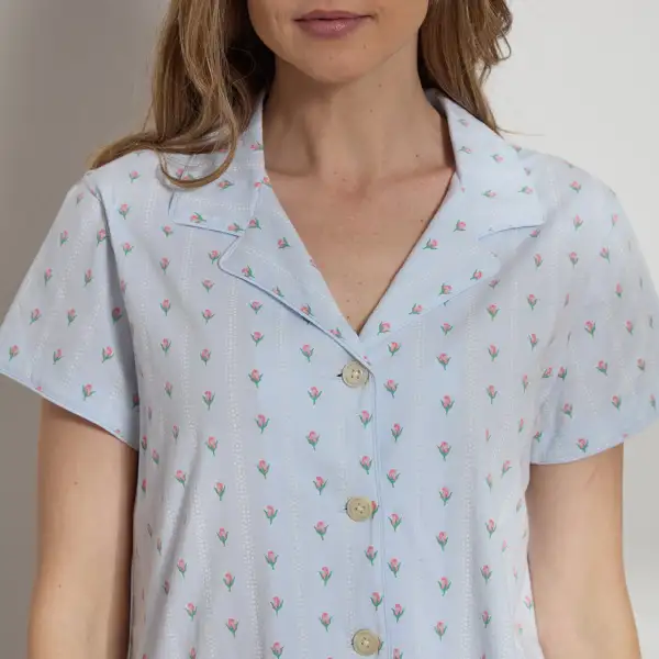 Printed Organic Pima Cotton Short PJ Set Blue Bud Stripe
