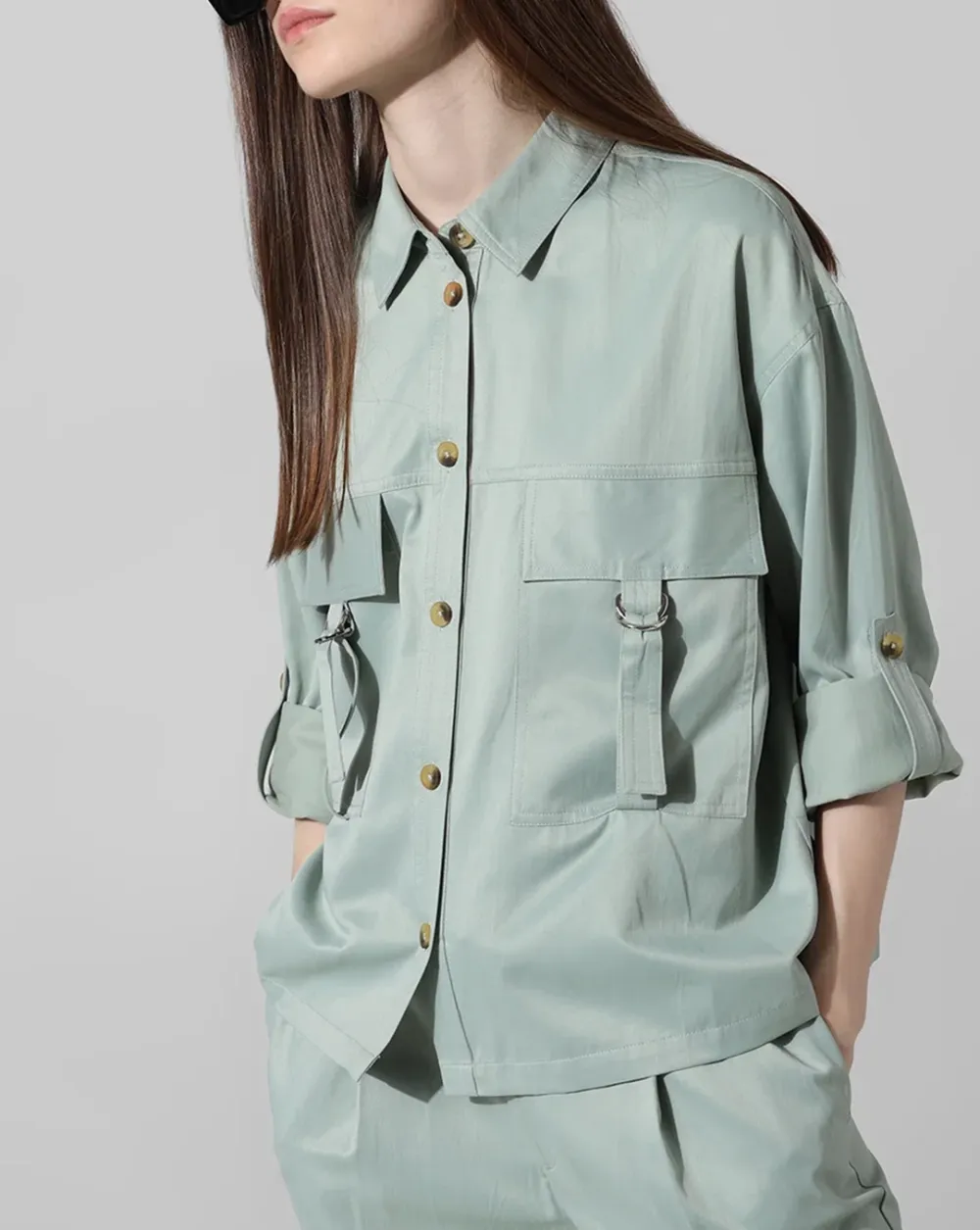 Green Utility Loose Fit Co-ord Set Shirt