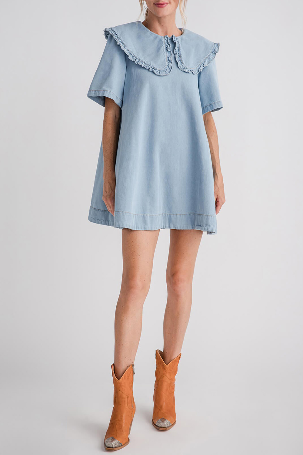 Mable Peter Pan Collar Denim Dress - light denim