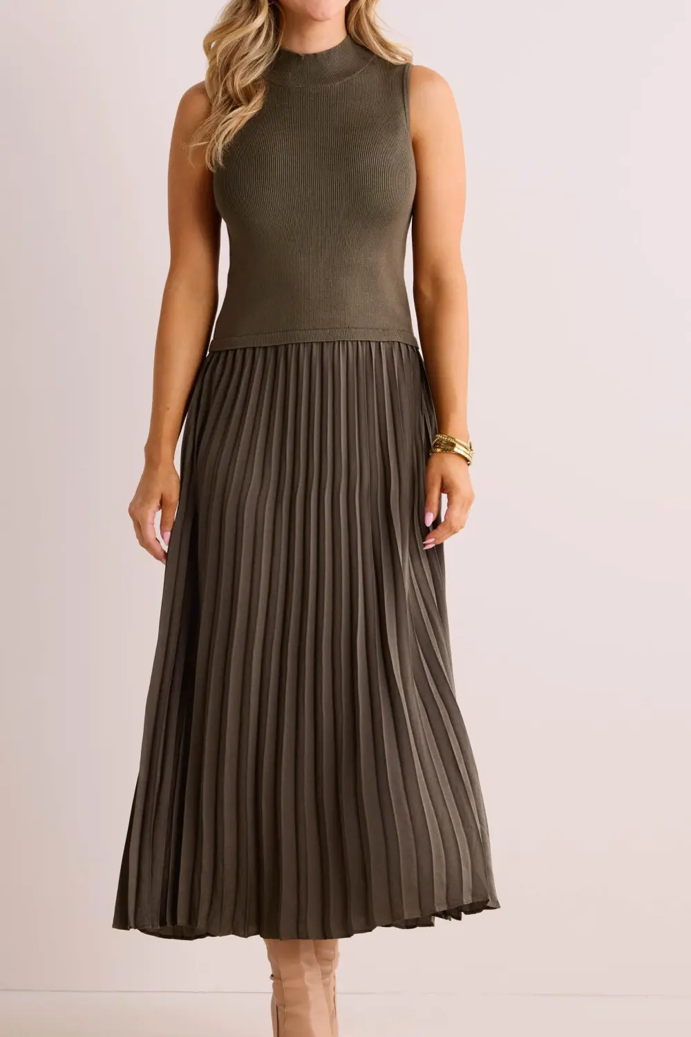 Olive Sleeveless Pleated Dress