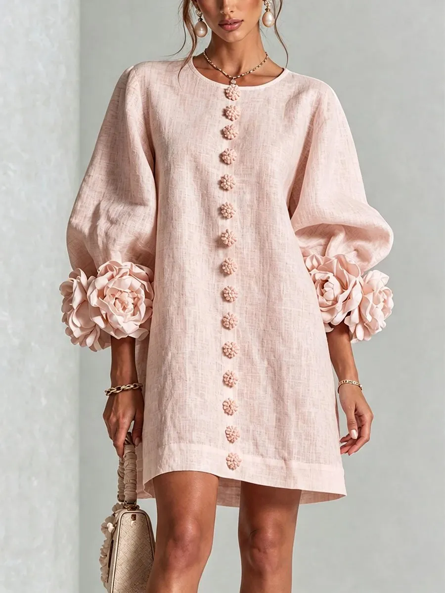Elegant 3D Floral Button-Front Mini Dress With Striking Floral Cuffs