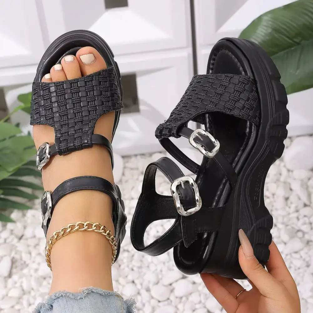Buttoned Classic Open Toe Wedge Sandals