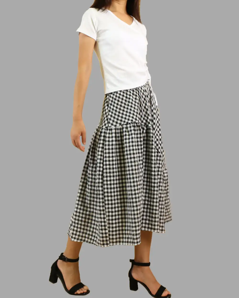 Plaid Linen Flared Midi Skirt