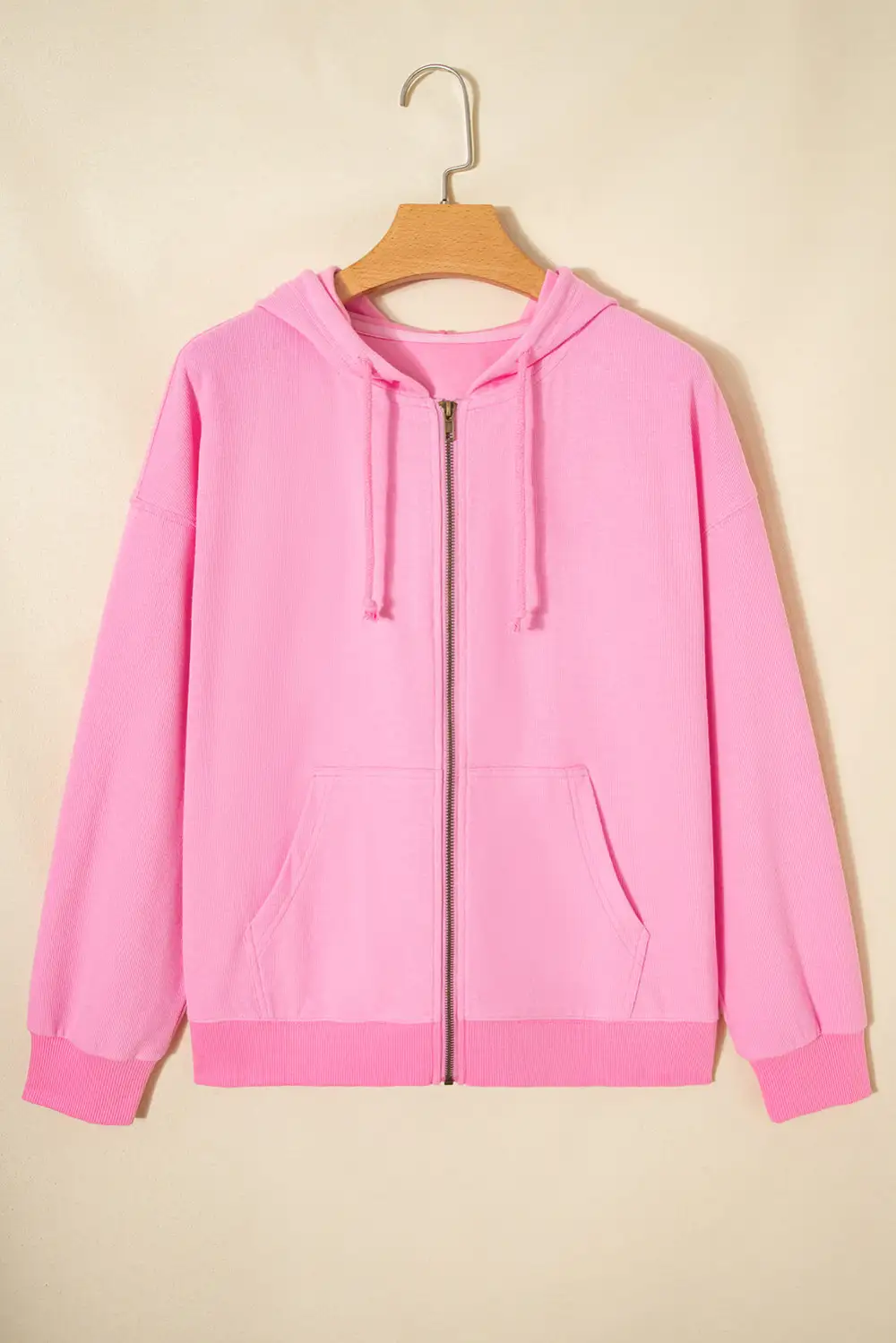 Ribbed Zip-Up Drawstring Hooded Jacket