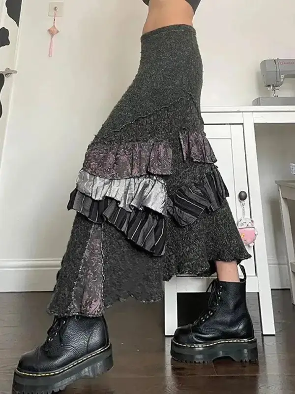 Vintage Contrast Patchwork Asymmetric Midi Skirt