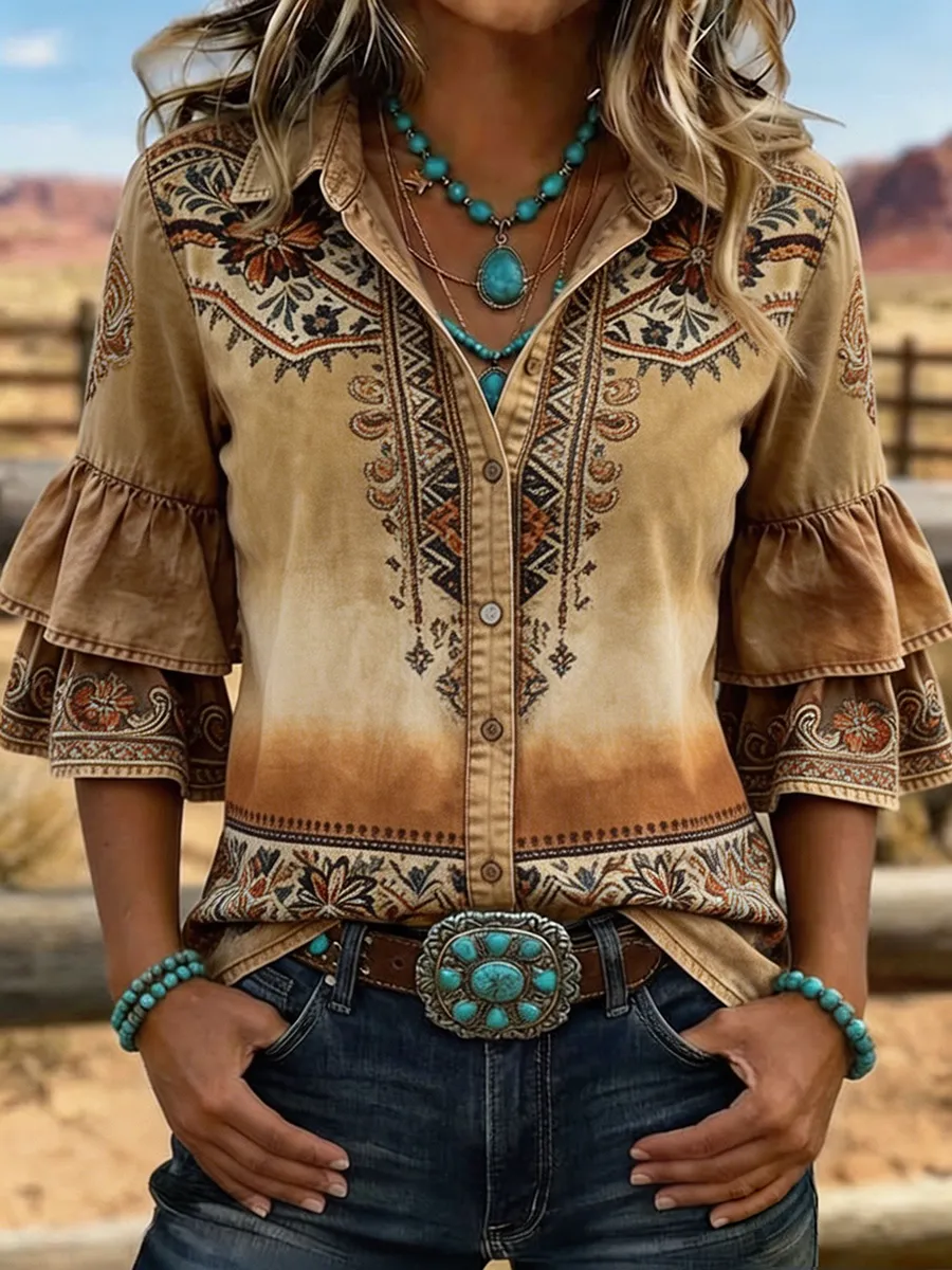 Women's Western Aztec Print Ombre Bell Sleeve Blouse
