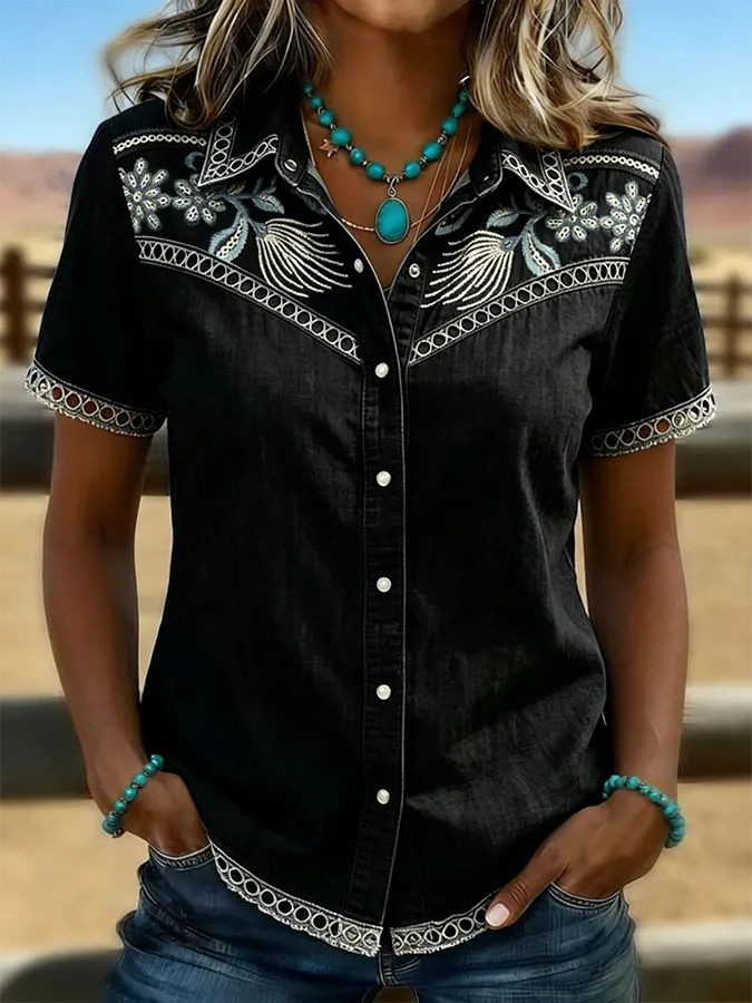 Women's Vintage Floral Art Print Hollow Patchwork Casual Shirt