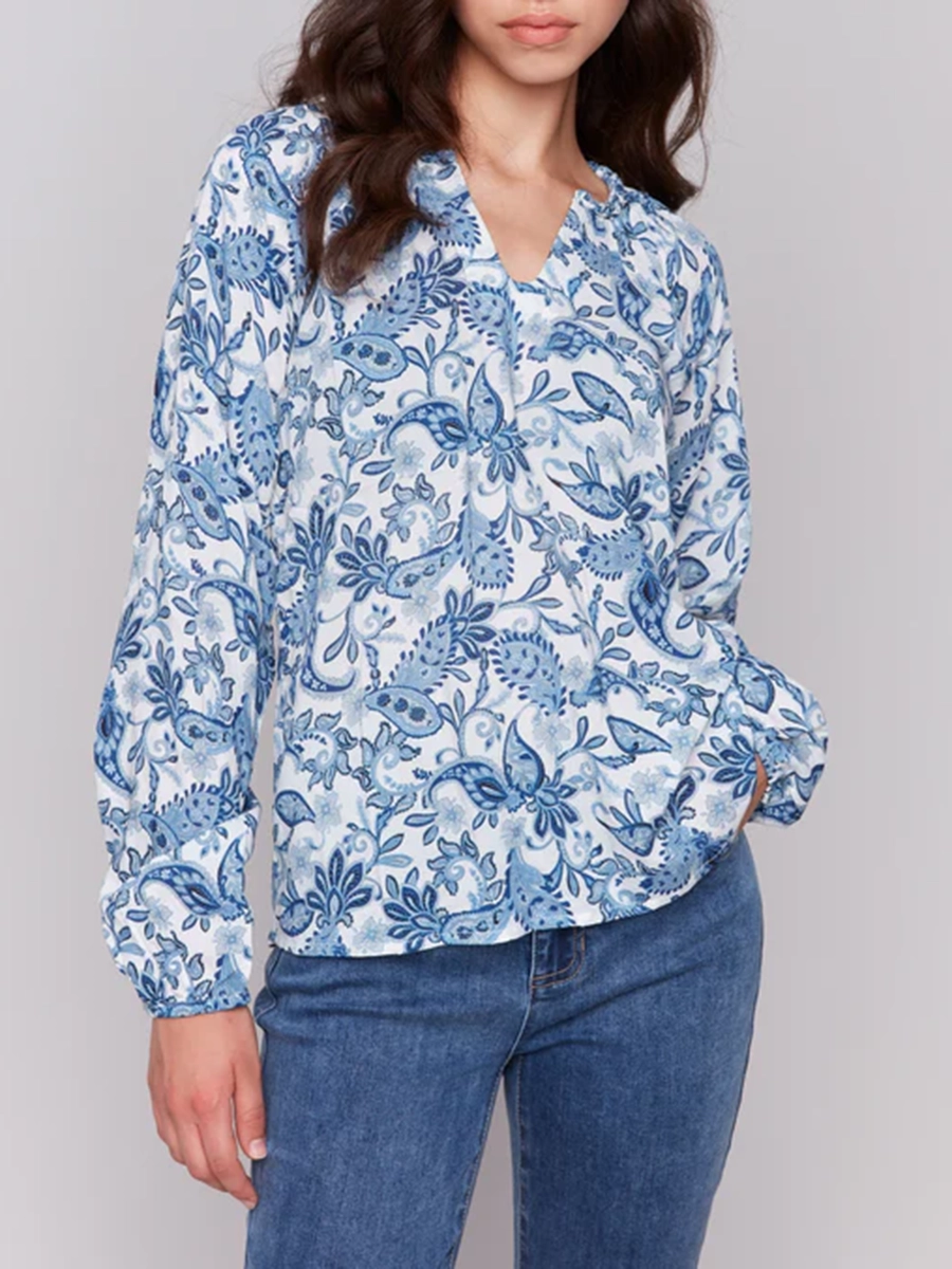 Artistic Floral All-Match V-Neck Long-Sleeved Top