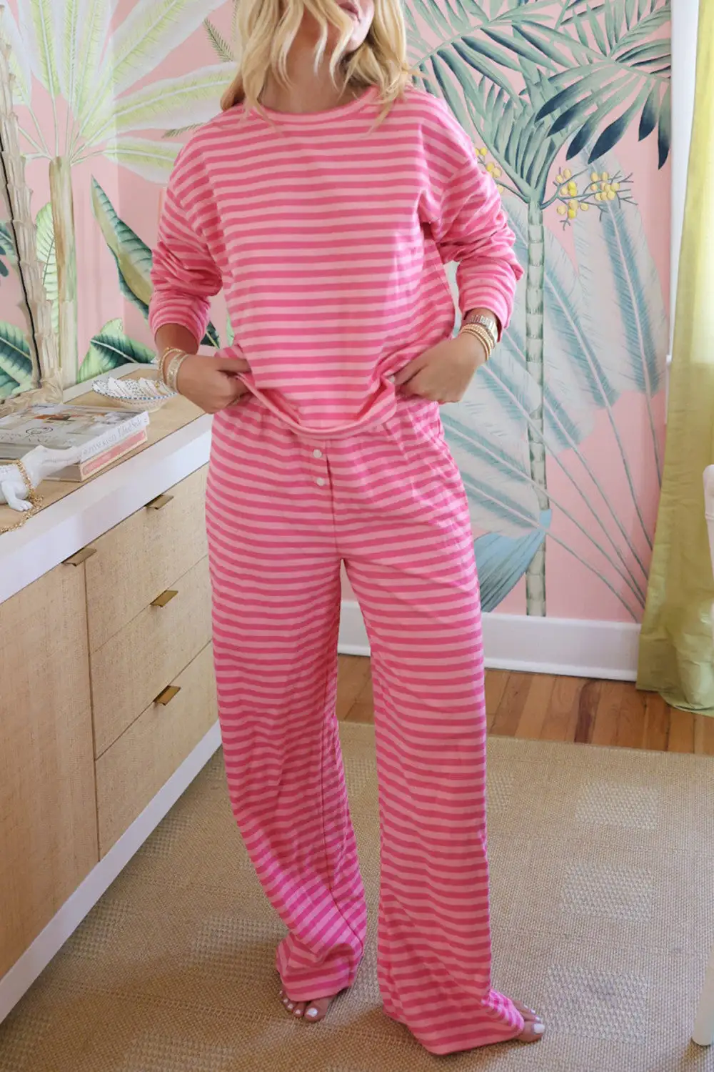 Knit Striped Round Neck Buttoned Two Piece Set