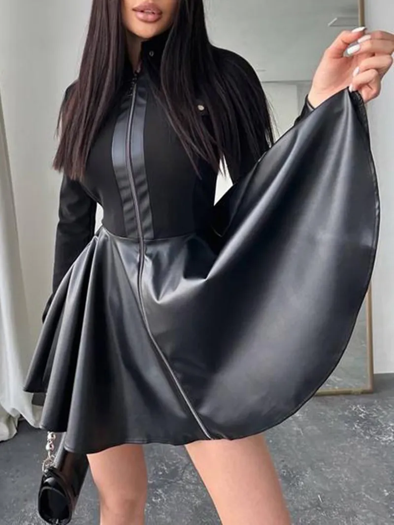 Casual long-sleeve leather panel dress