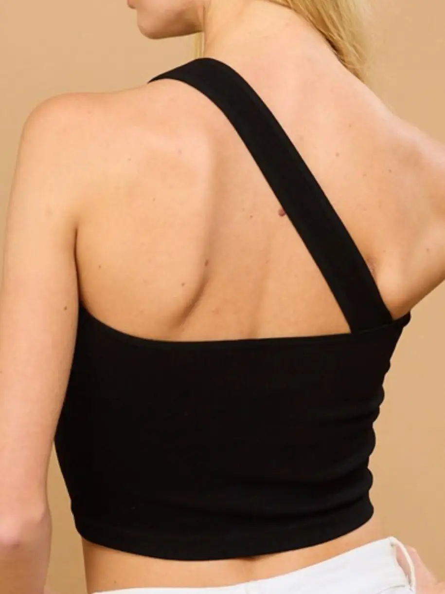 Rhinestone Buckle Asymmetric Shoulder Top
