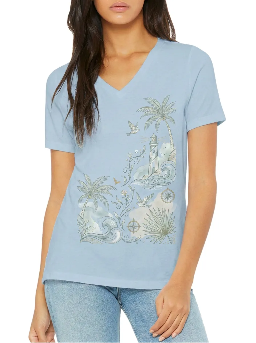 Women's Coastal Beach Lover Lighthouse Palm Printed V-neck T-shirt