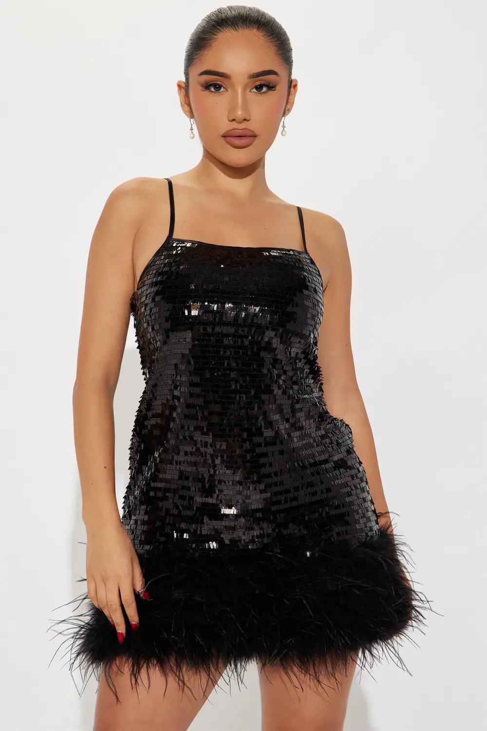 Serenity Sequin Feather Mini Dress - Black