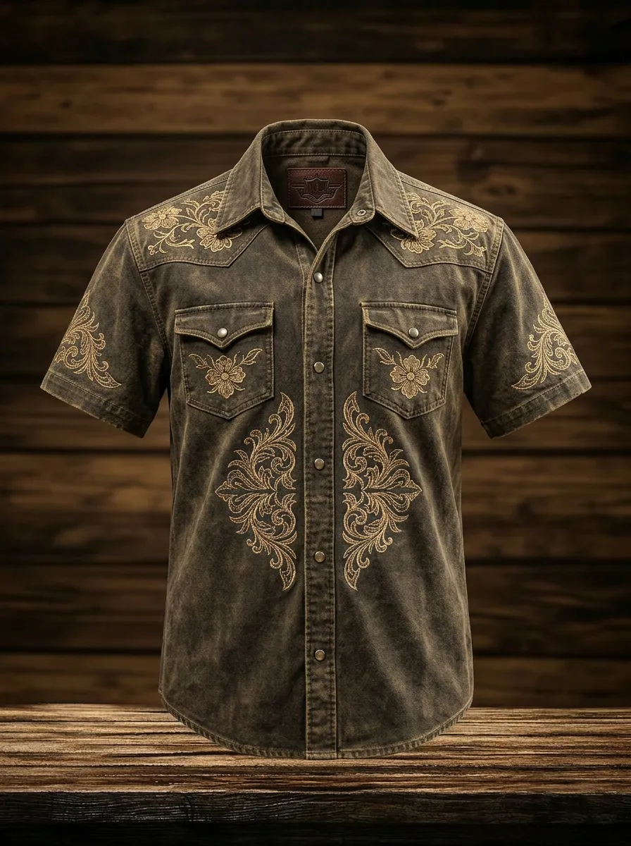 Men's Western Style Floral Embroidery Printed Shirt