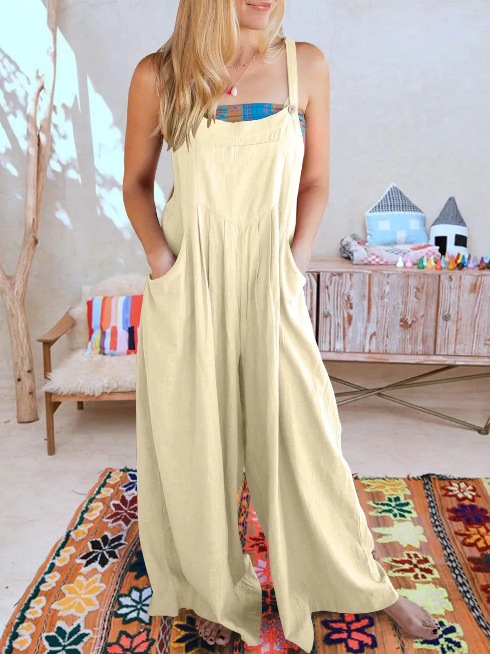 Solid Color Loose Casual Cotton And Linen Suspender Jumpsuit