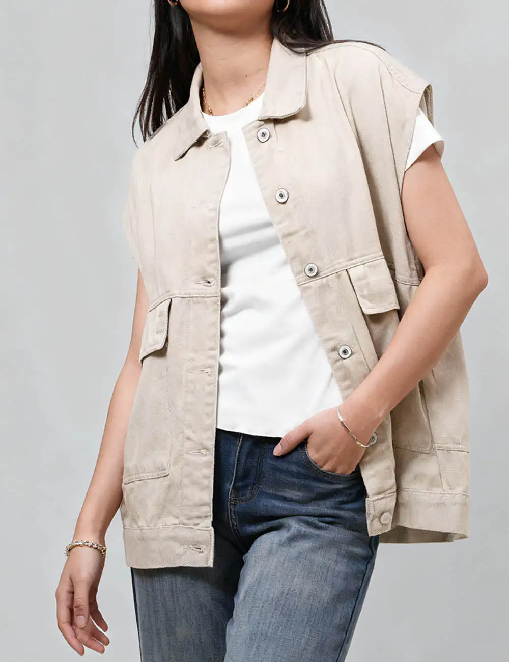 Button Front Turndown Collar Sleeveless Denim Vest