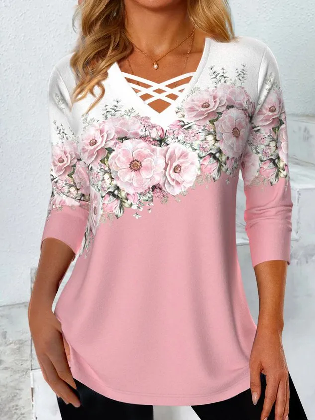 Casual Floral V Neck Long Sleeve T-shirt